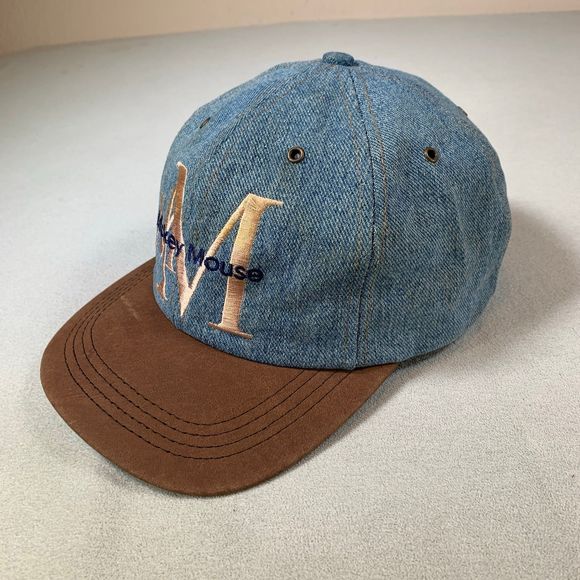 VINTAGE Mickey Mouse Hat Cap Strapback Blue  Denim Leather Adult USA 90s goofy main image 6